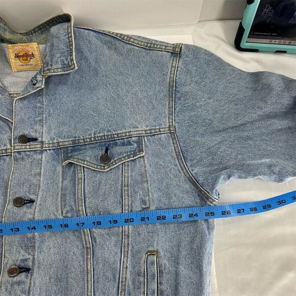 Vintage Hard Rock Cafe Orlando Unisex XL Blue Denim Bomber Jacket Music Flawed - Picture 10 of 16